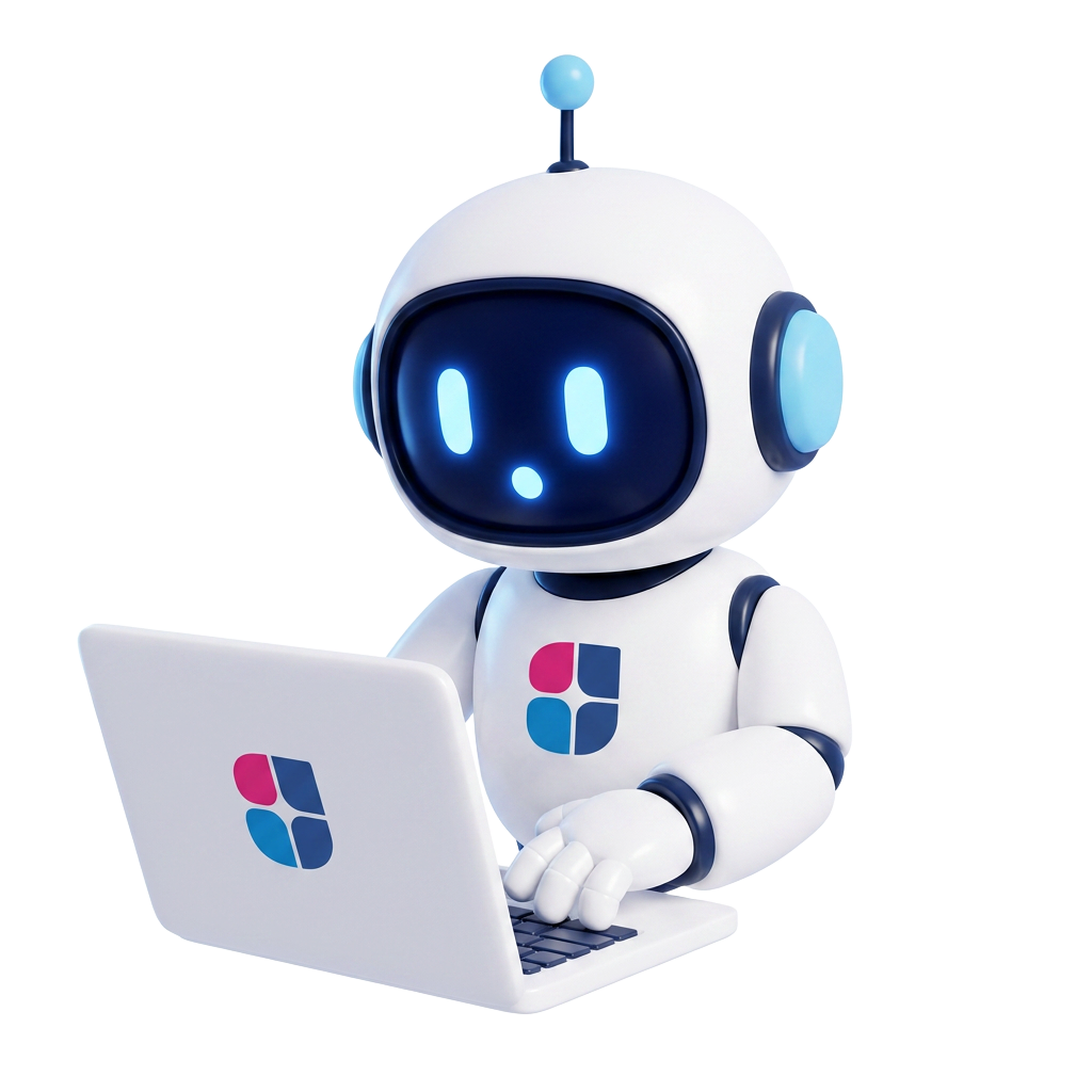 Friendly robot assistant typing on a laptop