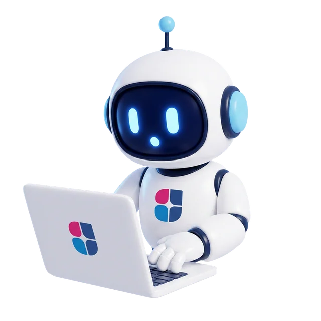 Friendly robot assistant typing on a laptop